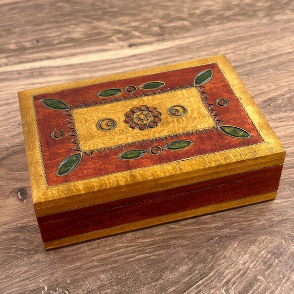 Vintage Polish Wood Trinket Box, Hand Carved Floral Design, Made in Poland - Picture 1 of 8